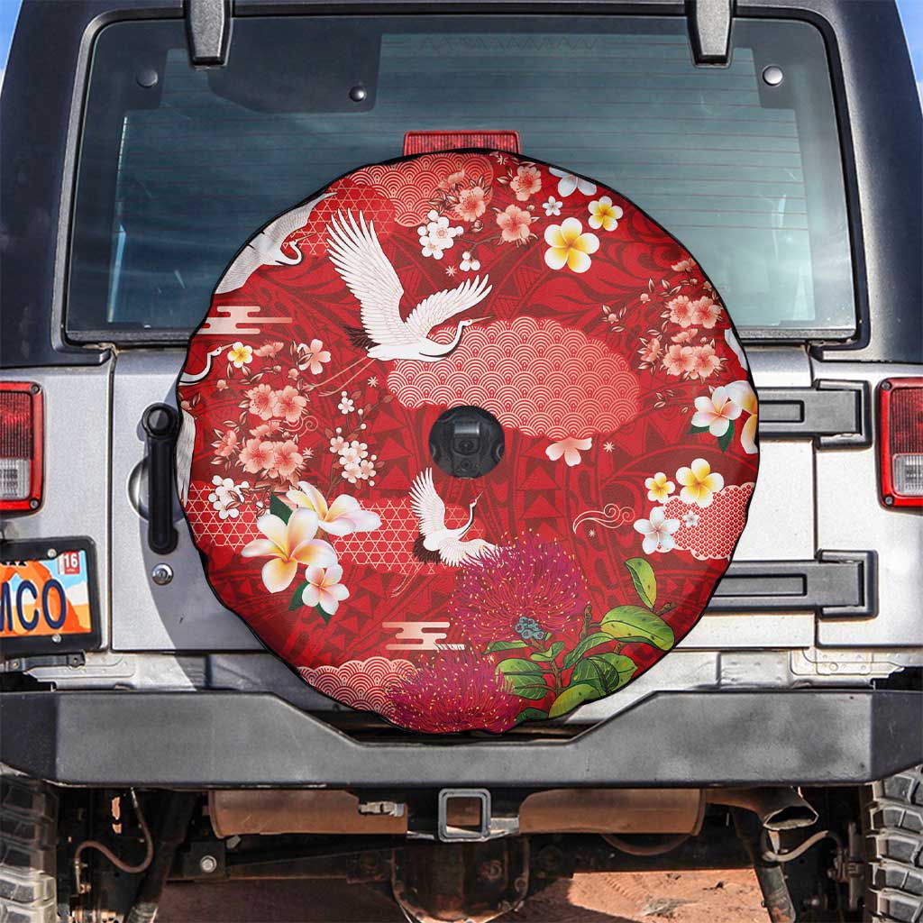 Hawaiian and Japanese Culture Together Spare Tire Cover Red Ohia Lehua Plumeria and Sakura Blooming LT03 Red - Polynesian Pride