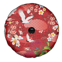 Hawaiian and Japanese Culture Together Spare Tire Cover Red Ohia Lehua Plumeria and Sakura Blooming LT03 - Polynesian Pride