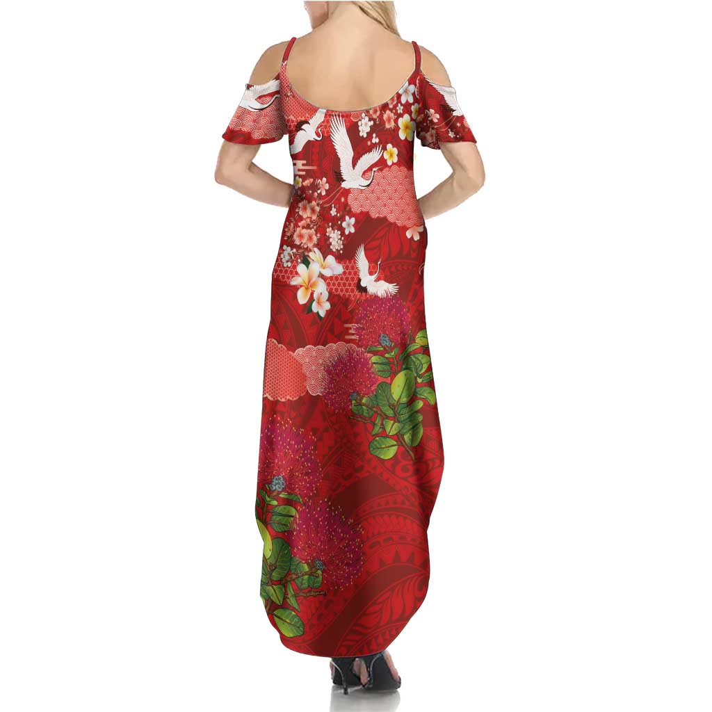 Hawaiian and Japanese Culture Together Summer Maxi Dress Red Ohia Lehua Plumeria and Sakura Blooming LT03 - Polynesian Pride
