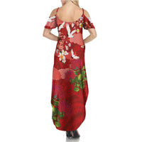 Hawaiian and Japanese Culture Together Summer Maxi Dress Red Ohia Lehua Plumeria and Sakura Blooming LT03 - Polynesian Pride