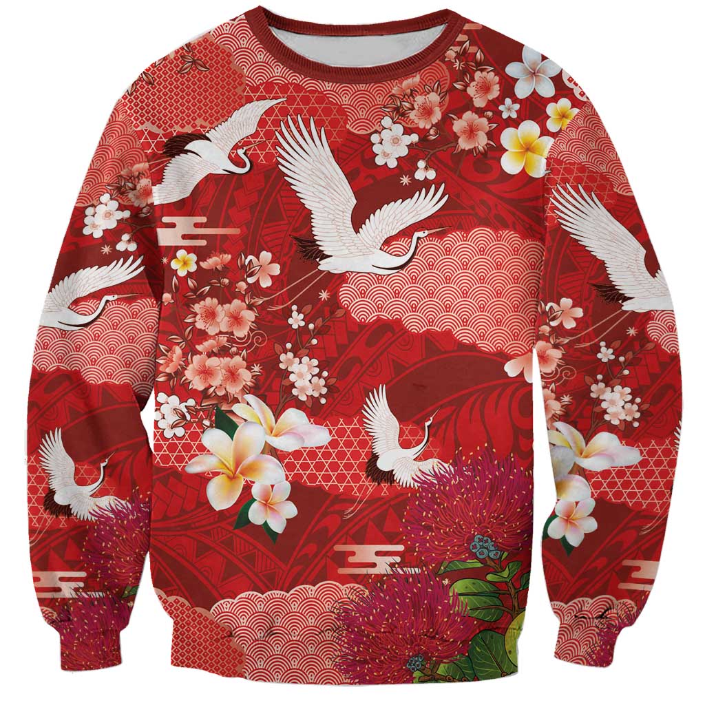 Hawaiian and Japanese Culture Together Sweatshirt Red Ohia Lehua Plumeria and Sakura Blooming LT03 Unisex Red - Polynesian Pride