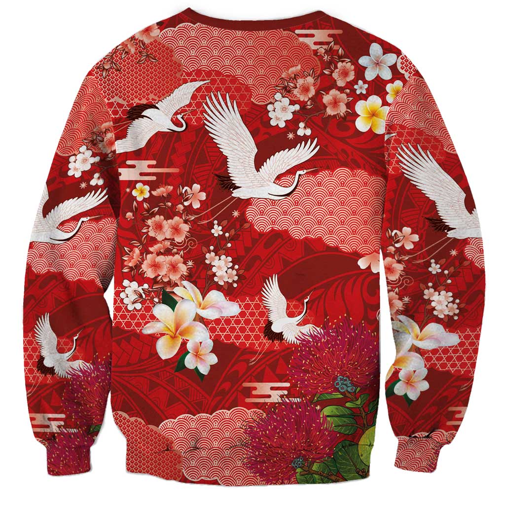 Hawaiian and Japanese Culture Together Sweatshirt Red Ohia Lehua Plumeria and Sakura Blooming LT03 - Polynesian Pride