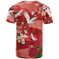 Hawaiian and Japanese Culture Together T Shirt Red Ohia Lehua Plumeria and Sakura Blooming LT03 - Polynesian Pride