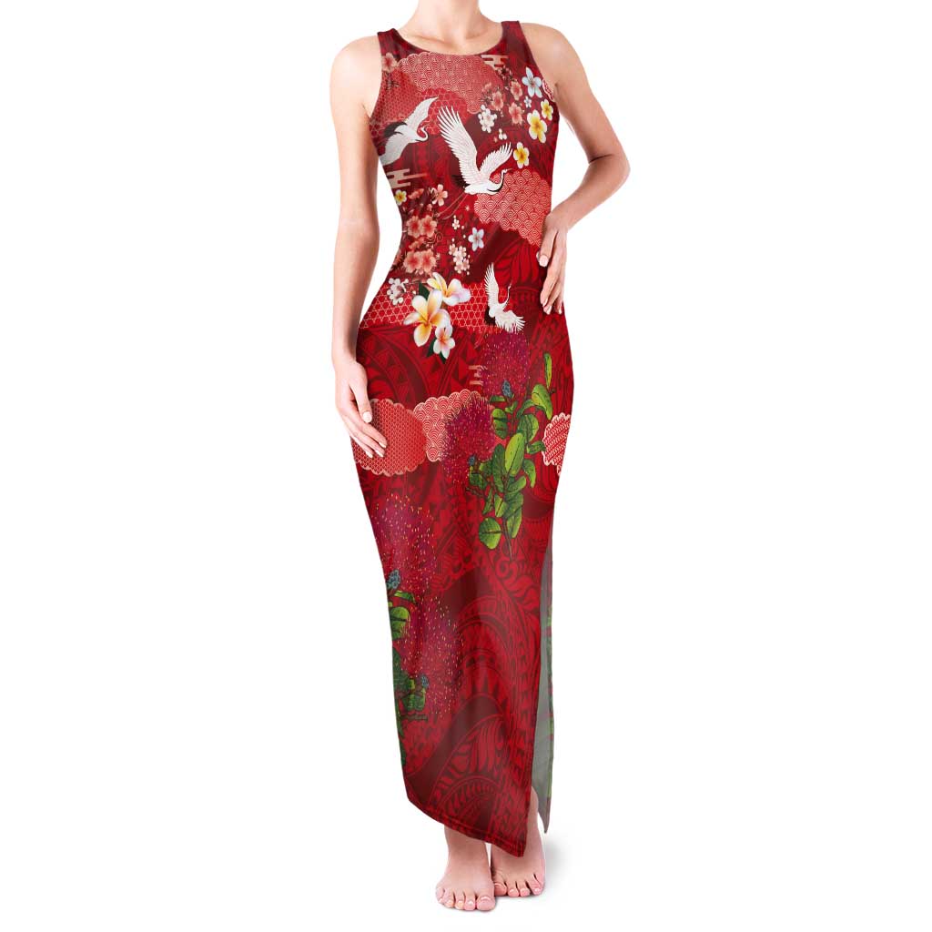Hawaiian and Japanese Culture Together Tank Maxi Dress Red Ohia Lehua Plumeria and Sakura Blooming LT03 Women Red - Polynesian Pride