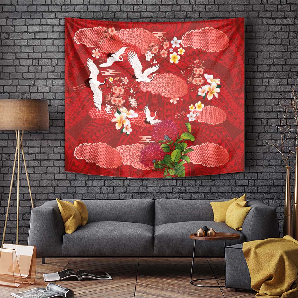 Hawaiian and Japanese Culture Together Tapestry Red Ohia Lehua Plumeria and Sakura Blooming LT03 Red - Polynesian Pride