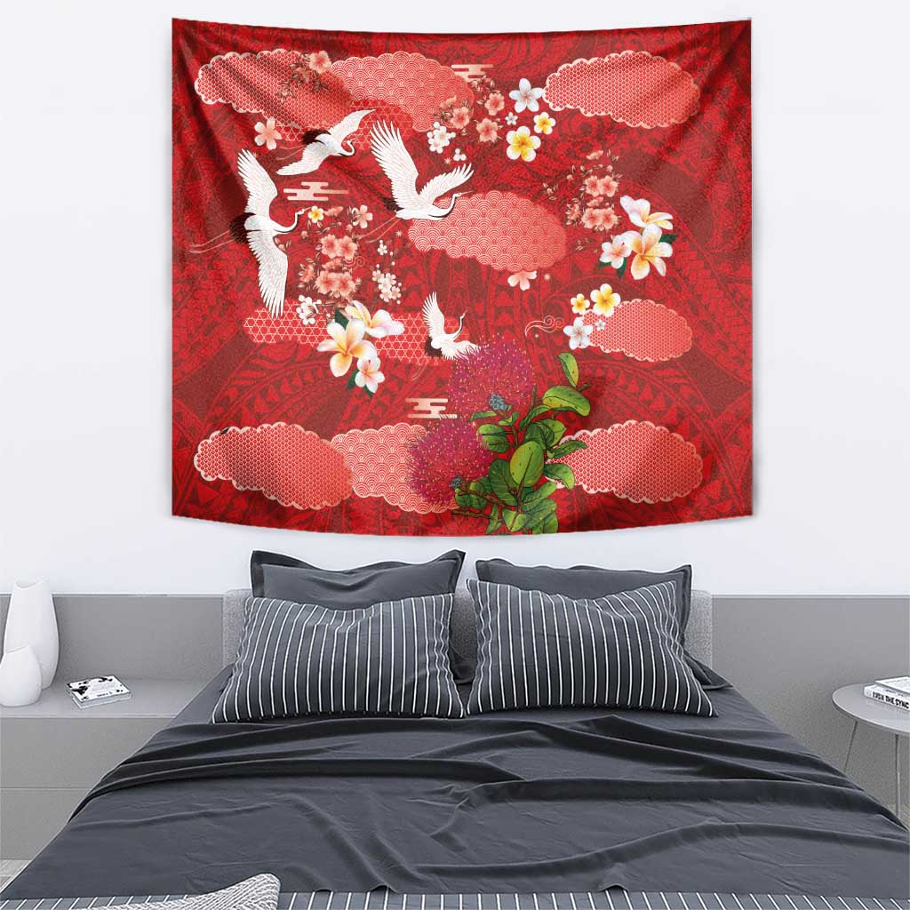 Hawaiian and Japanese Culture Together Tapestry Red Ohia Lehua Plumeria and Sakura Blooming LT03 - Polynesian Pride