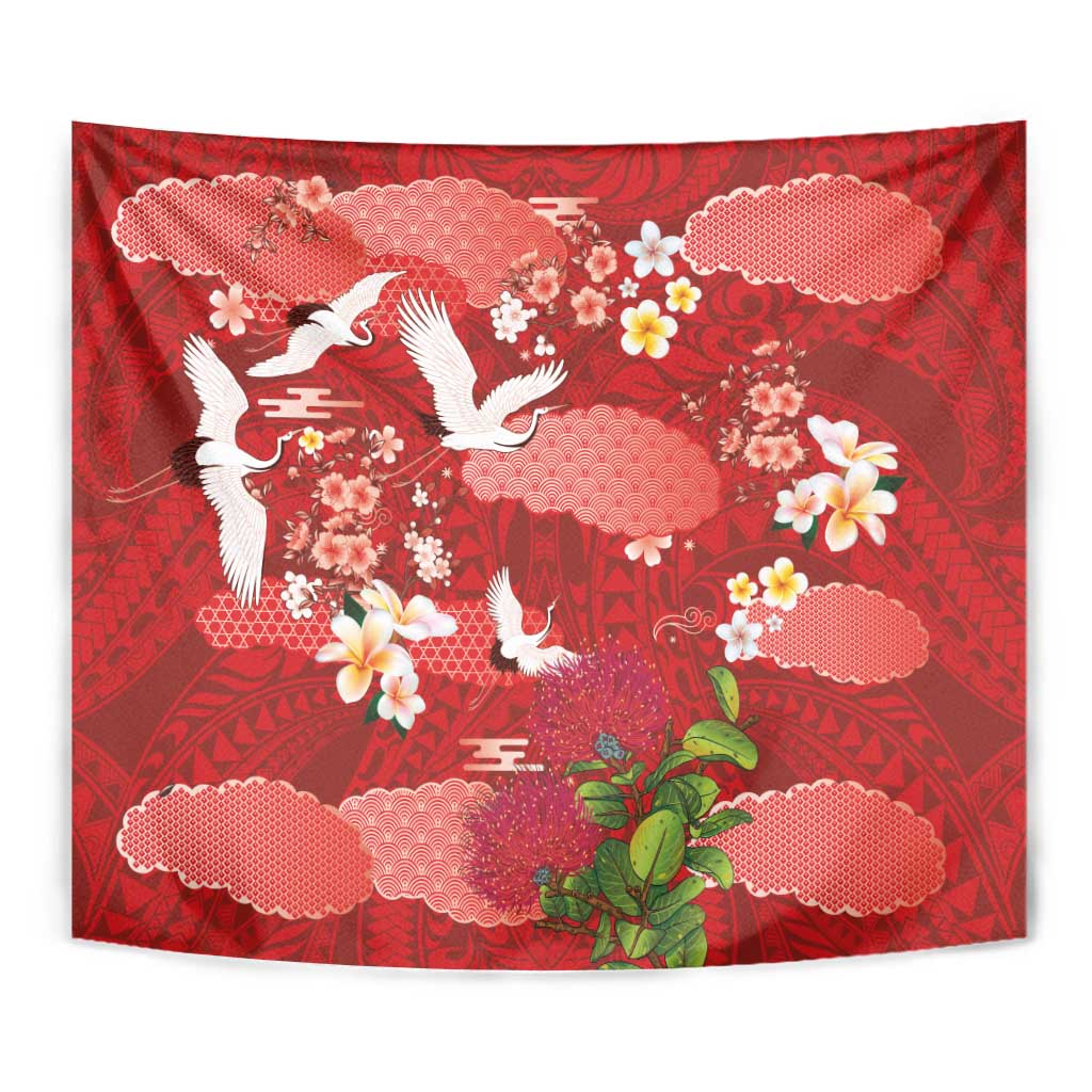 Hawaiian and Japanese Culture Together Tapestry Red Ohia Lehua Plumeria and Sakura Blooming LT03 - Polynesian Pride