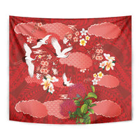 Hawaiian and Japanese Culture Together Tapestry Red Ohia Lehua Plumeria and Sakura Blooming LT03 - Polynesian Pride