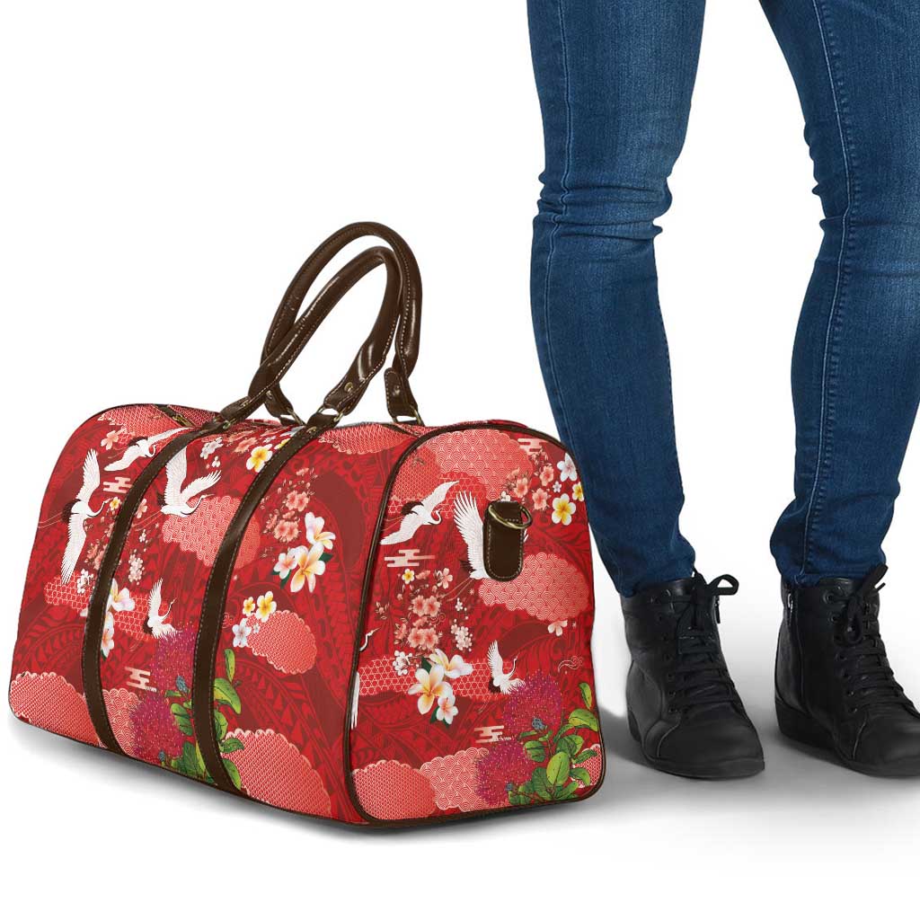 Hawaiian and Japanese Culture Together Travel Bag Red Ohia Lehua Plumeria and Sakura Blooming LT03 - Polynesian Pride