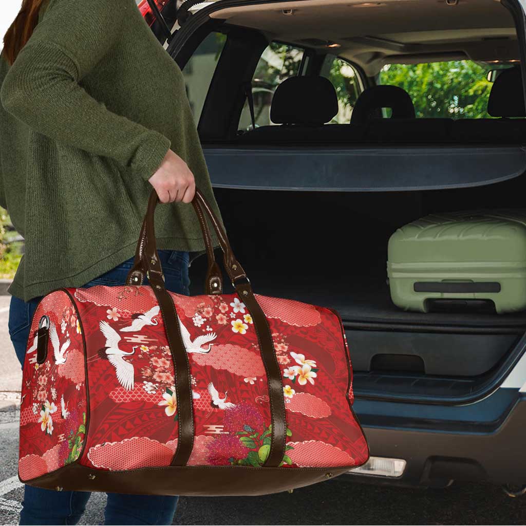 Hawaiian and Japanese Culture Together Travel Bag Red Ohia Lehua Plumeria and Sakura Blooming LT03 - Polynesian Pride