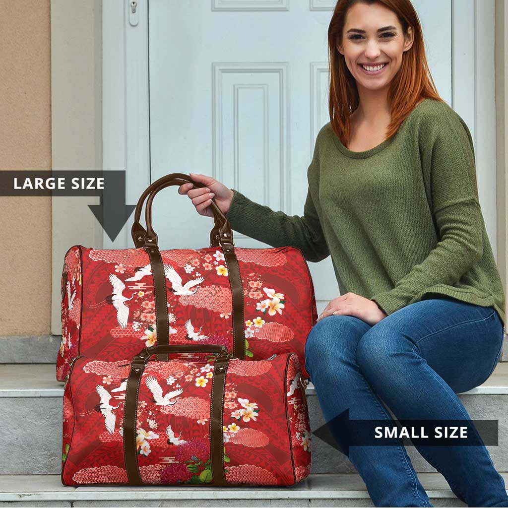 Hawaiian and Japanese Culture Together Travel Bag Red Ohia Lehua Plumeria and Sakura Blooming LT03 - Polynesian Pride