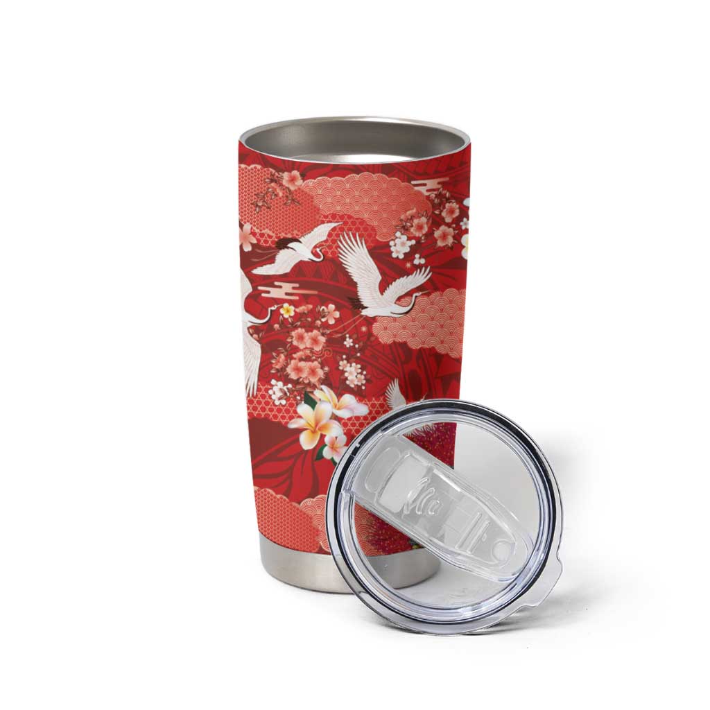 Hawaiian and Japanese Culture Together Tumbler Cup Red Ohia Lehua Plumeria and Sakura Blooming LT03 - Polynesian Pride