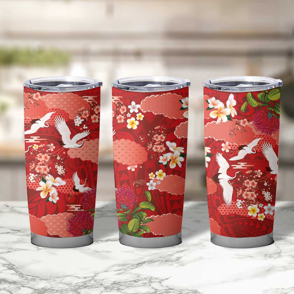 Hawaiian and Japanese Culture Together Tumbler Cup Red Ohia Lehua Plumeria and Sakura Blooming LT03 - Polynesian Pride