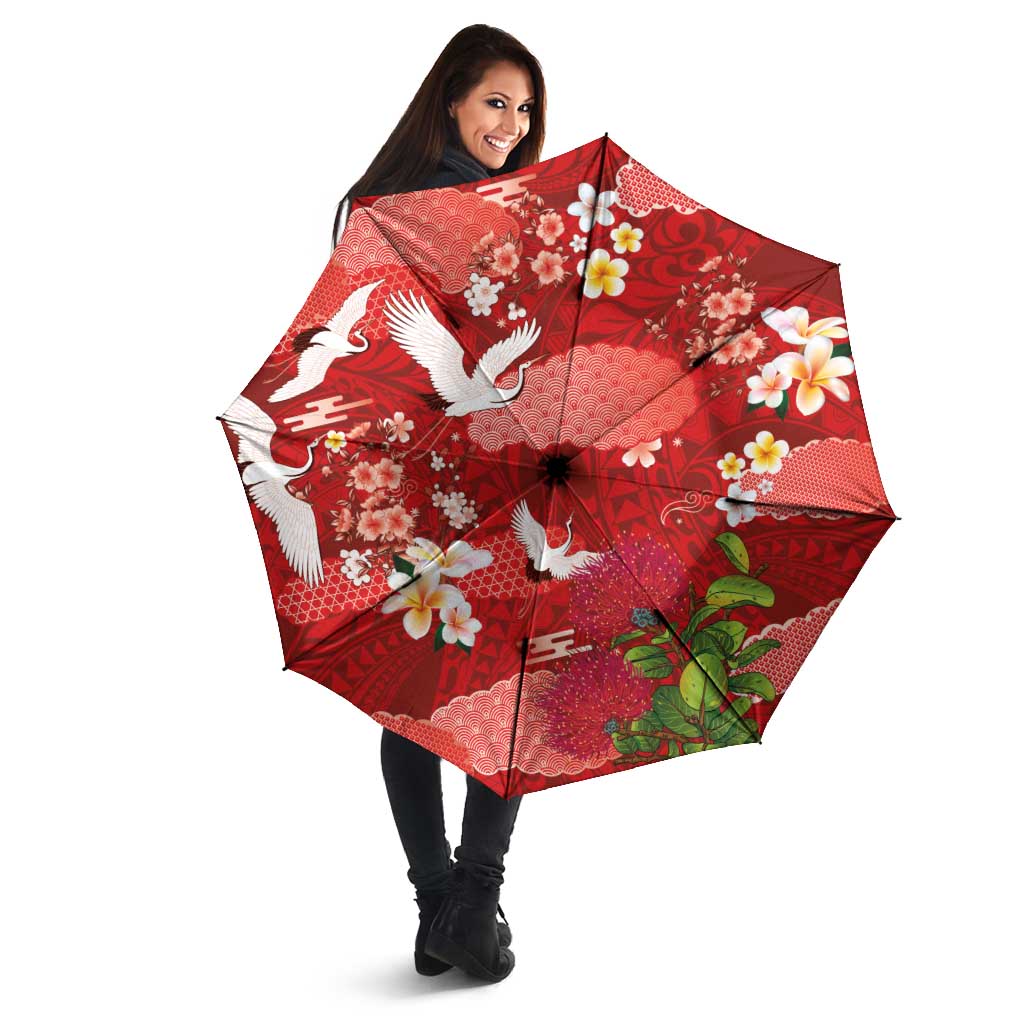 Hawaiian and Japanese Culture Together Umbrella Red Ohia Lehua Plumeria and Sakura Blooming LT03 - Polynesian Pride