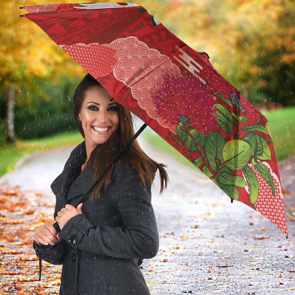 Hawaiian and Japanese Culture Together Umbrella Red Ohia Lehua Plumeria and Sakura Blooming LT03 - Polynesian Pride