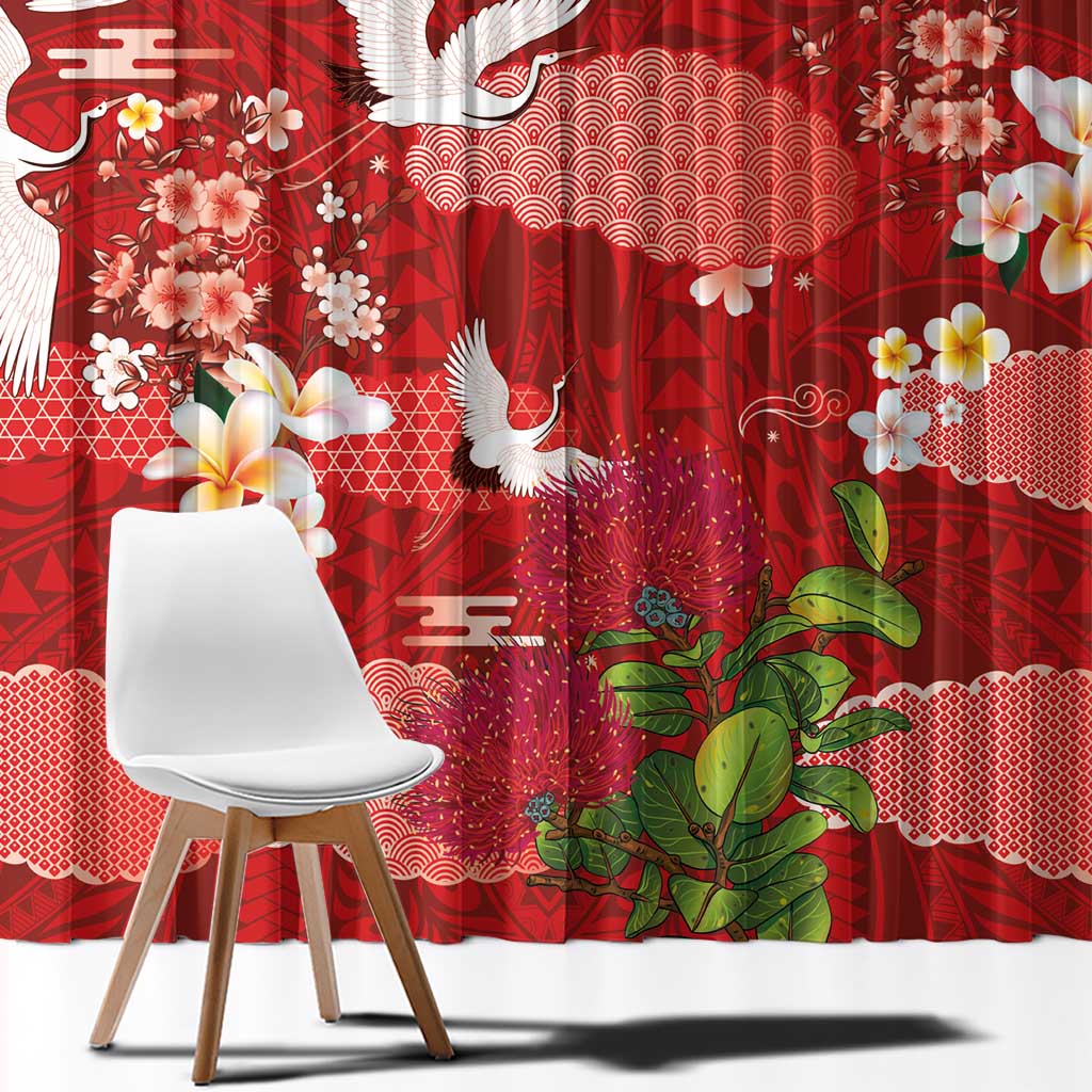Hawaiian and Japanese Culture Together Window Curtain Red Ohia Lehua Plumeria and Sakura Blooming LT03 - Polynesian Pride
