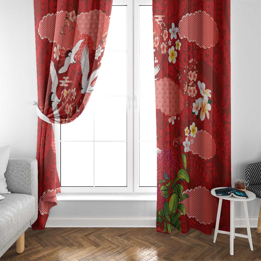 Hawaiian and Japanese Culture Together Window Curtain Red Ohia Lehua Plumeria and Sakura Blooming LT03 - Polynesian Pride