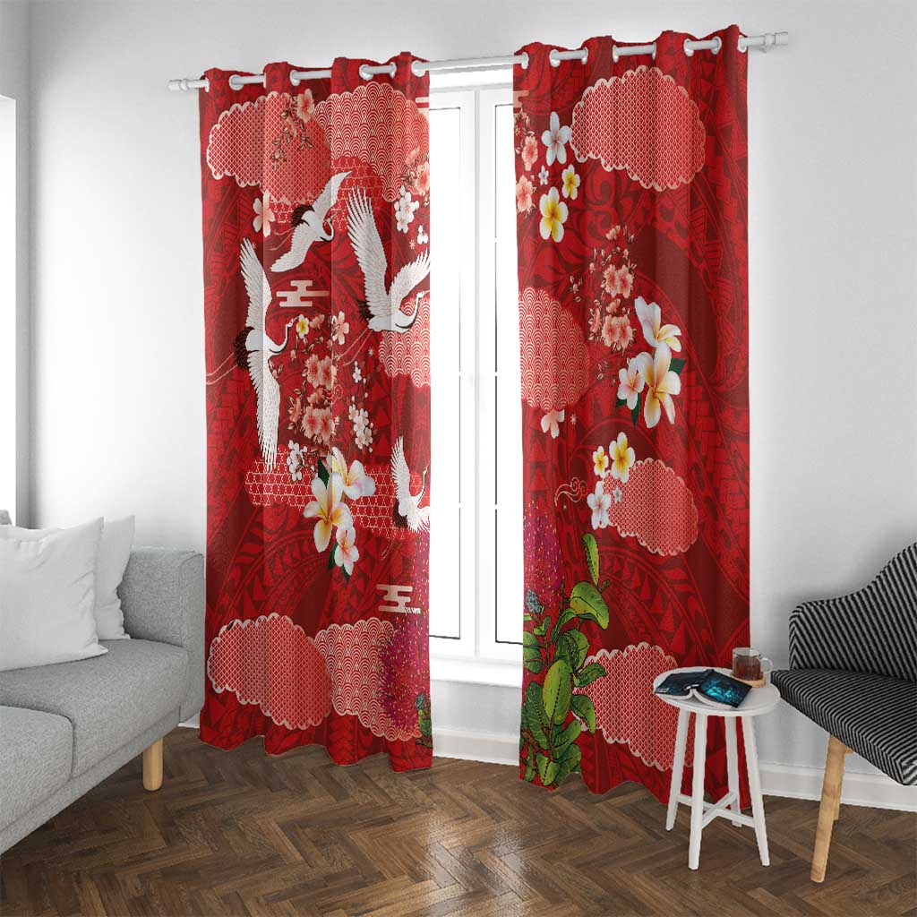Hawaiian and Japanese Culture Together Window Curtain Red Ohia Lehua Plumeria and Sakura Blooming LT03 With Grommets Red - Polynesian Pride