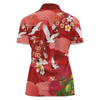 Hawaiian and Japanese Culture Together Women Polo Shirt Red Ohia Lehua Plumeria and Sakura Blooming - Polynesian Pride