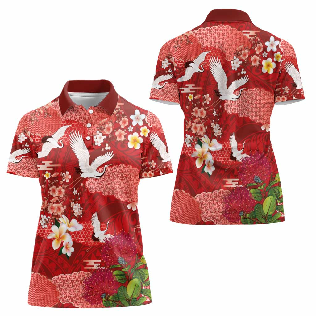 Hawaiian and Japanese Culture Together Women Polo Shirt Red Ohia Lehua Plumeria and Sakura Blooming - Polynesian Pride