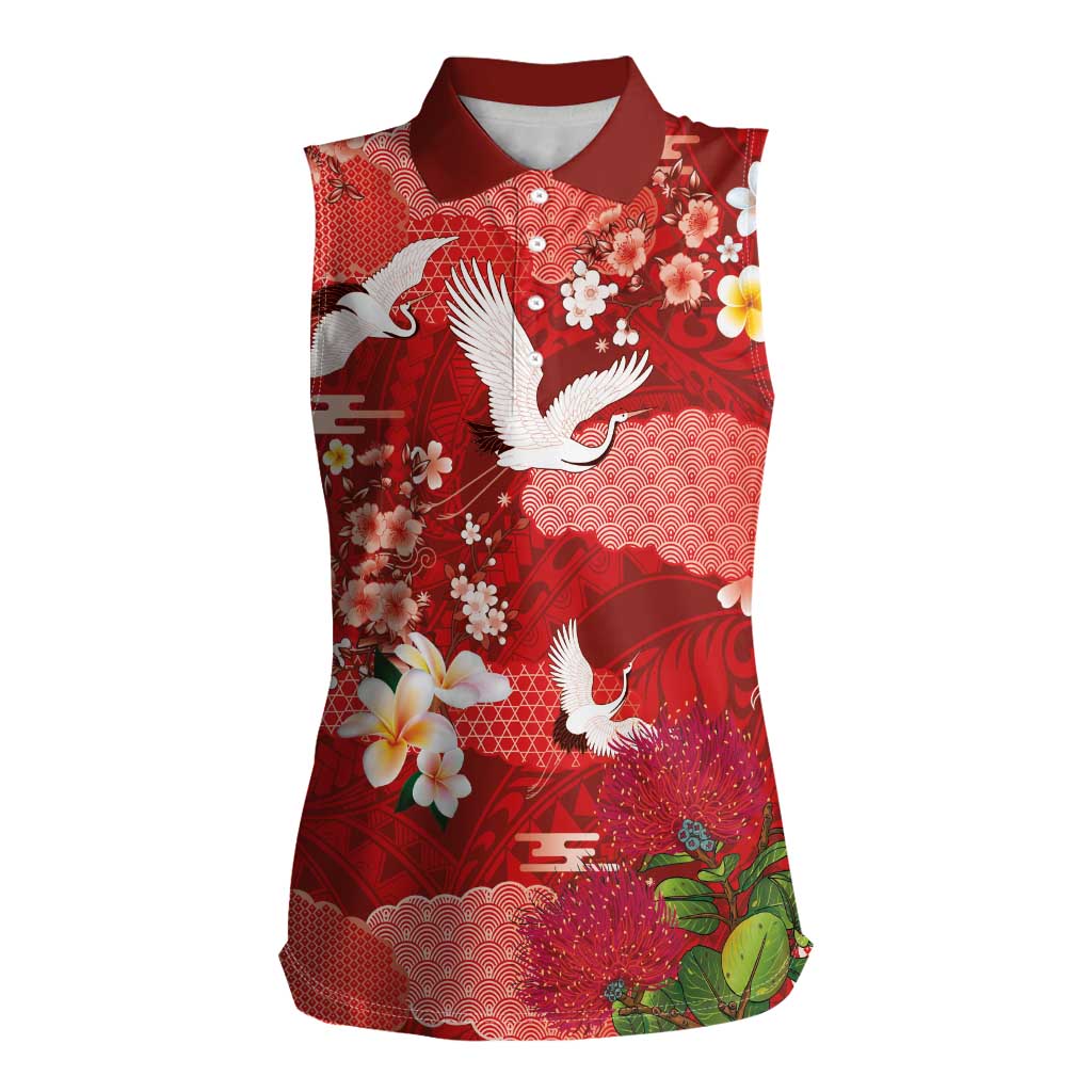 Hawaiian and Japanese Culture Together Women Sleeveless Polo Shirt Red Ohia Lehua Plumeria and Sakura Blooming LT03 Female Red - Polynesian Pride