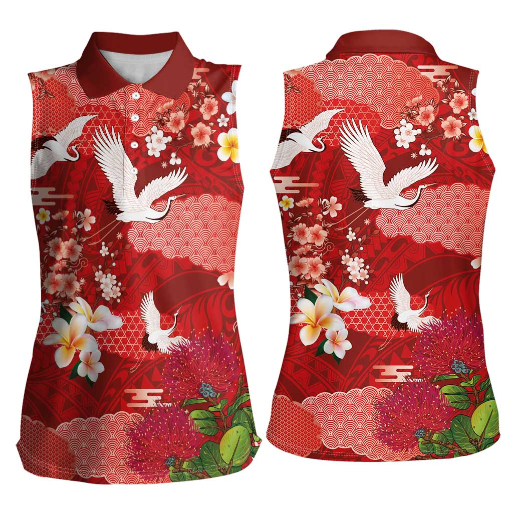 Hawaiian and Japanese Culture Together Women Sleeveless Polo Shirt Red Ohia Lehua Plumeria and Sakura Blooming LT03 - Polynesian Pride