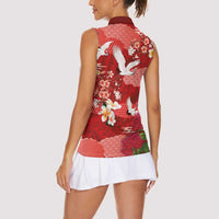 Hawaiian and Japanese Culture Together Women Sleeveless Polo Shirt Red Ohia Lehua Plumeria and Sakura Blooming LT03 - Polynesian Pride