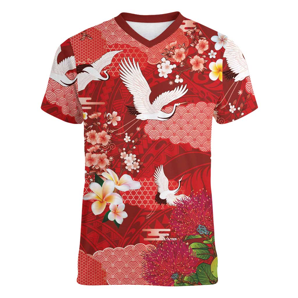 Hawaiian and Japanese Culture Together Women V-Neck T-Shirt Red Ohia Lehua Plumeria and Sakura Blooming LT03 Female Red - Polynesian Pride