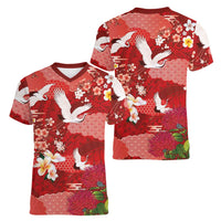 Hawaiian and Japanese Culture Together Women V-Neck T-Shirt Red Ohia Lehua Plumeria and Sakura Blooming LT03 - Polynesian Pride