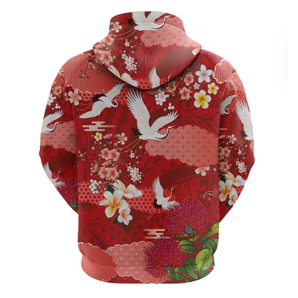 Hawaiian and Japanese Culture Together Zip Hoodie Red Ohia Lehua Plumeria and Sakura Blooming LT03 - Polynesian Pride