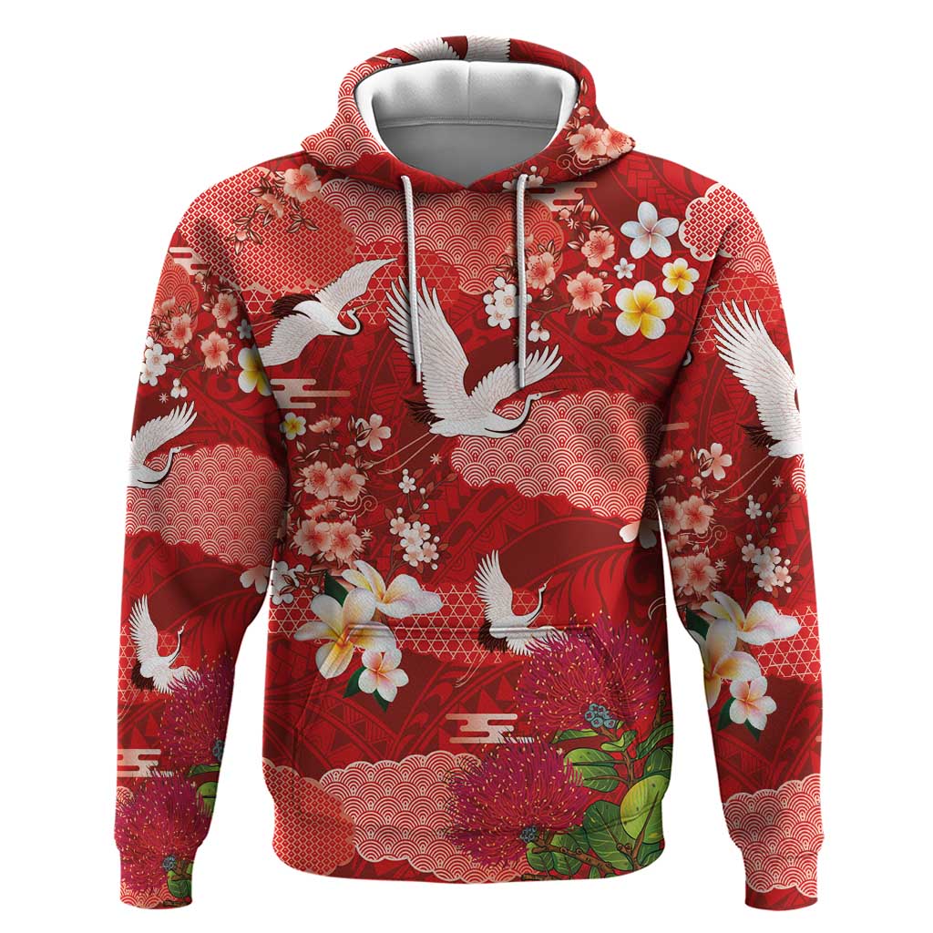 Hawaiian and Japanese Culture Together Zip Hoodie Red Ohia Lehua Plumeria and Sakura Blooming LT03 Pullover Hoodie Red - Polynesian Pride
