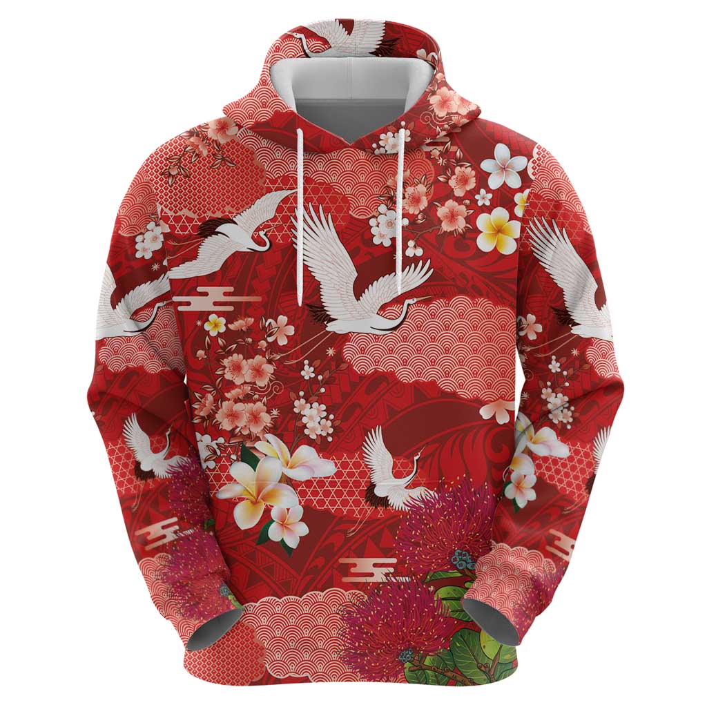 Hawaiian and Japanese Culture Together Zip Hoodie Red Ohia Lehua Plumeria and Sakura Blooming LT03 - Polynesian Pride