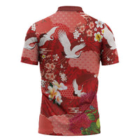 Hawaiian and Japanese Culture Together Zipper Polo Shirt Red Ohia Lehua Plumeria and Sakura Blooming LT03 - Polynesian Pride