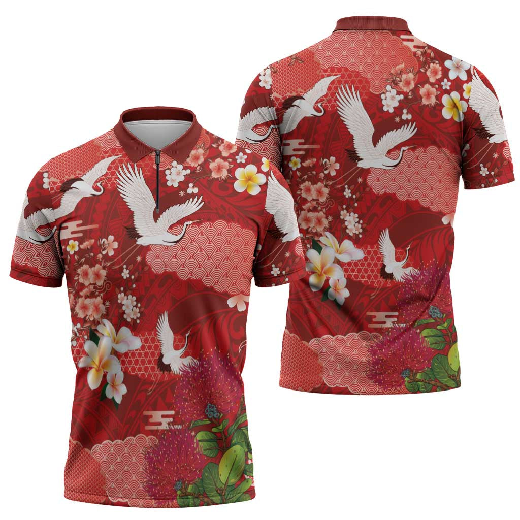 Hawaiian and Japanese Culture Together Zipper Polo Shirt Red Ohia Lehua Plumeria and Sakura Blooming LT03 - Polynesian Pride