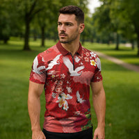 Hawaiian and Japanese Culture Together Zipper Polo Shirt Red Ohia Lehua Plumeria and Sakura Blooming LT03 - Polynesian Pride