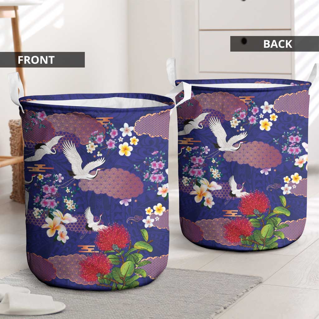 Hawaiian and Japanese Culture Together Laundry Basket Blue Ohia Lehua Plumeria and Sakura Blooming LT03 - Polynesian Pride