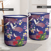 Hawaiian and Japanese Culture Together Laundry Basket Blue Ohia Lehua Plumeria and Sakura Blooming LT03 - Polynesian Pride