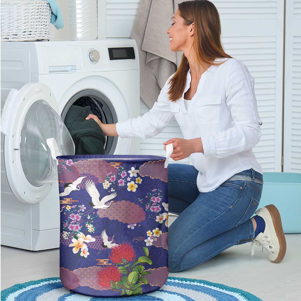 Hawaiian and Japanese Culture Together Laundry Basket Blue Ohia Lehua Plumeria and Sakura Blooming LT03 - Polynesian Pride