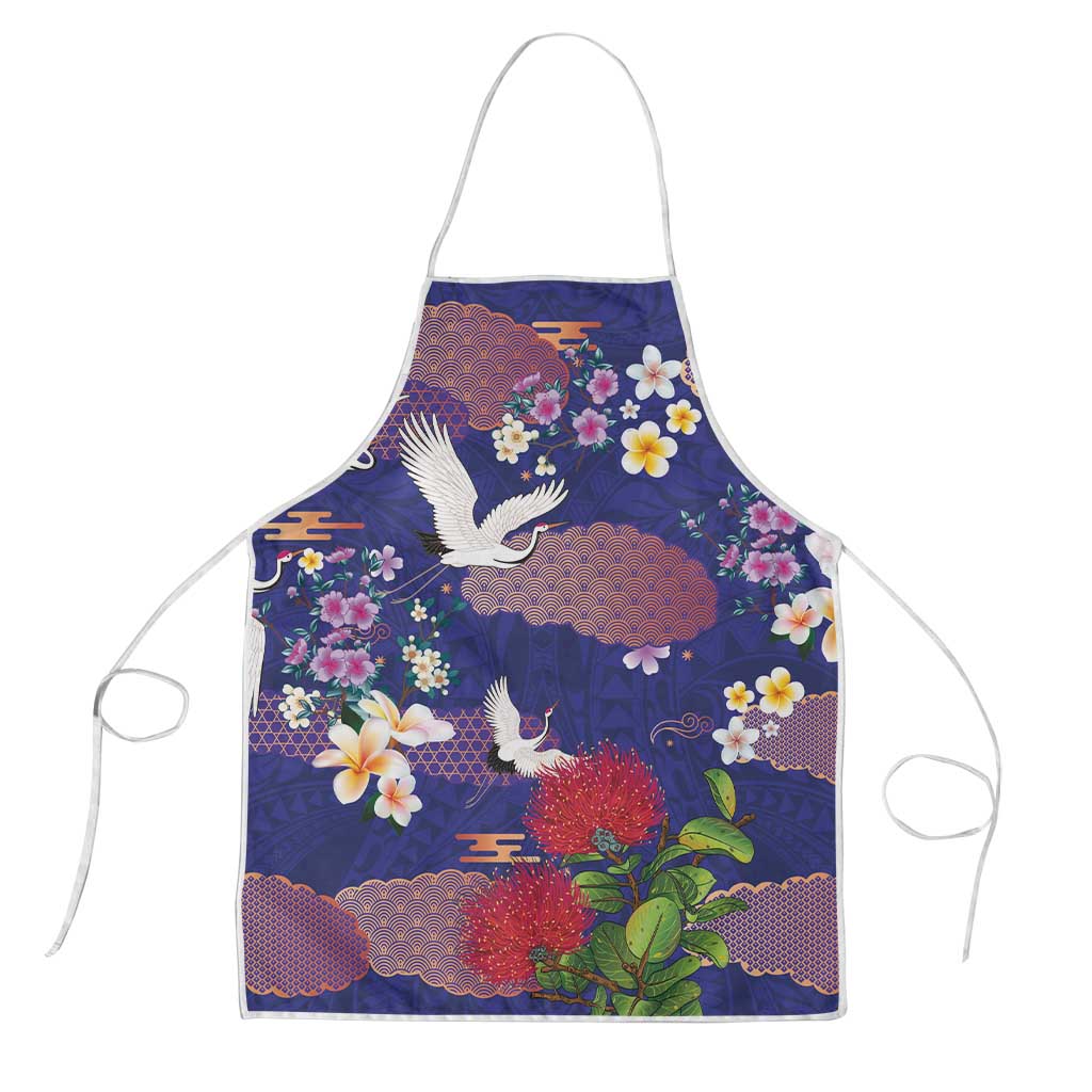 Hawaiian and Japanese Culture Together Apron Blue Ohia Lehua Plumeria and Sakura Blooming LT03 Blue - Polynesian Pride