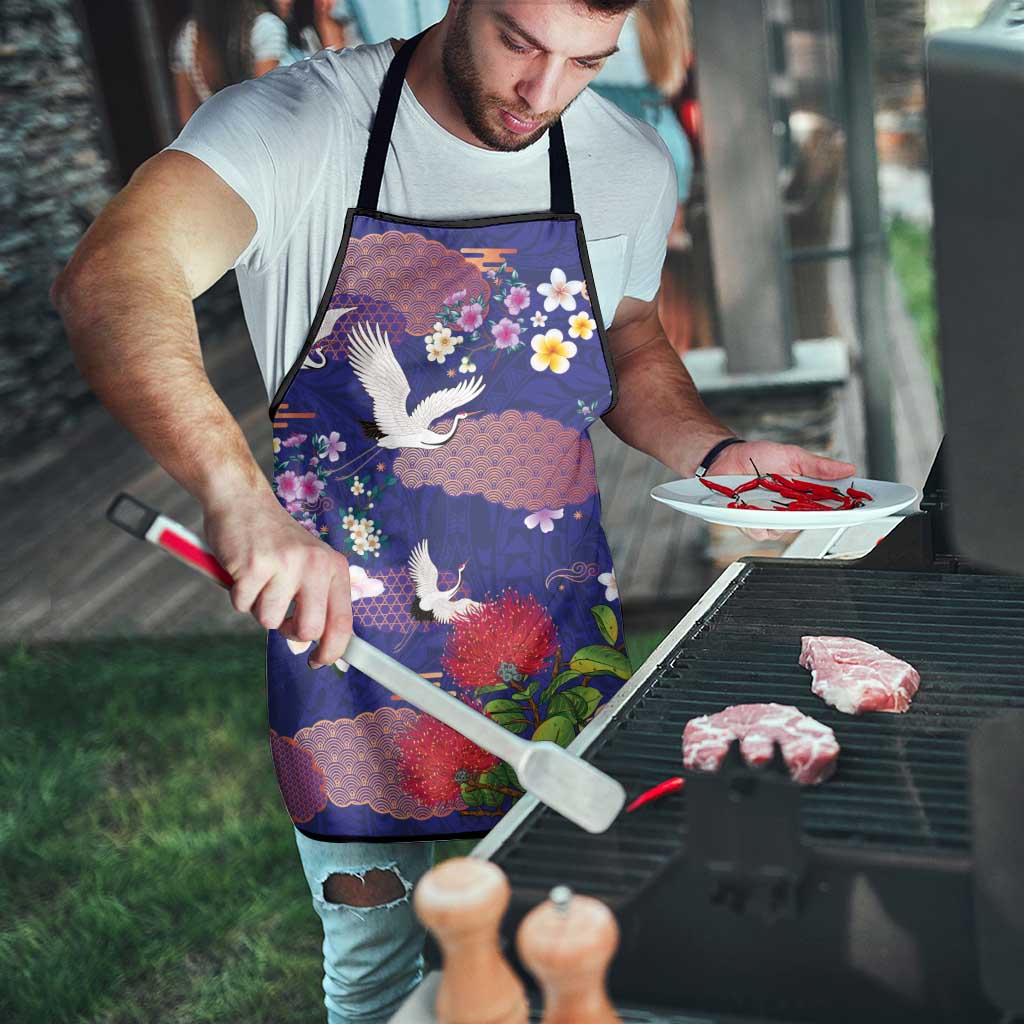 Hawaiian and Japanese Culture Together Apron Blue Ohia Lehua Plumeria and Sakura Blooming LT03 - Polynesian Pride