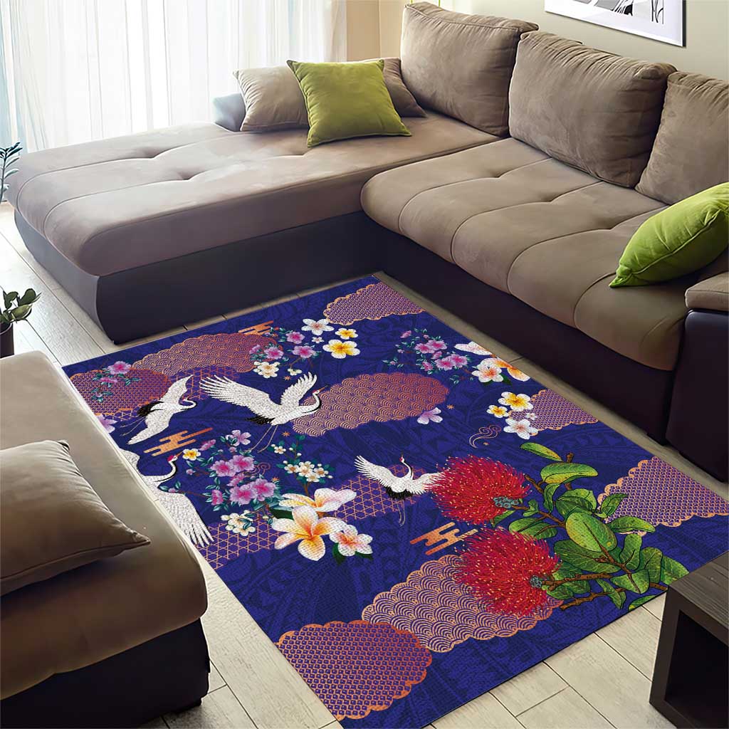 Hawaiian and Japanese Culture Together Area Rug Blue Ohia Lehua Plumeria and Sakura Blooming LT03 - Polynesian Pride