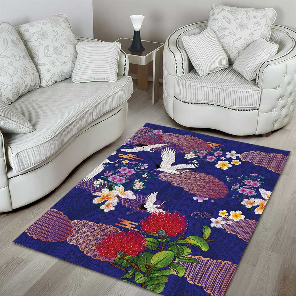 Hawaiian and Japanese Culture Together Area Rug Blue Ohia Lehua Plumeria and Sakura Blooming LT03 - Polynesian Pride