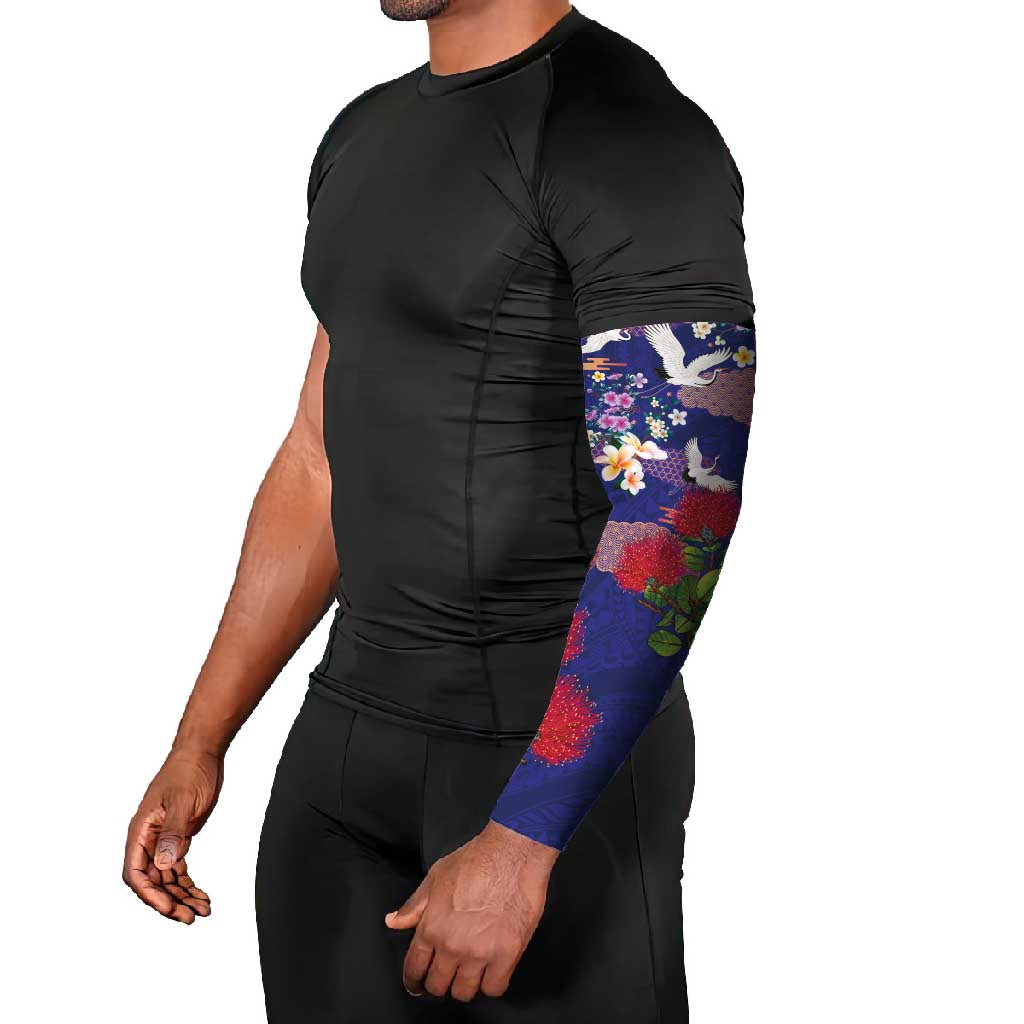 Hawaiian and Japanese Culture Together Arm Sleeves Blue Ohia Lehua Plumeria and Sakura Blooming LT03 - Polynesian Pride