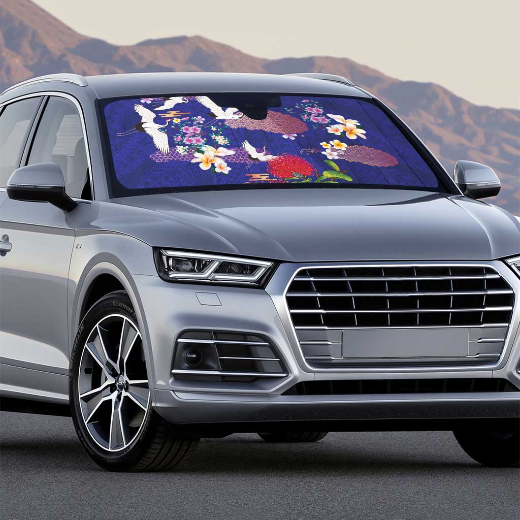 Hawaiian and Japanese Culture Together Auto Sun Shade Blue Ohia Lehua Plumeria and Sakura Blooming LT03 - Polynesian Pride
