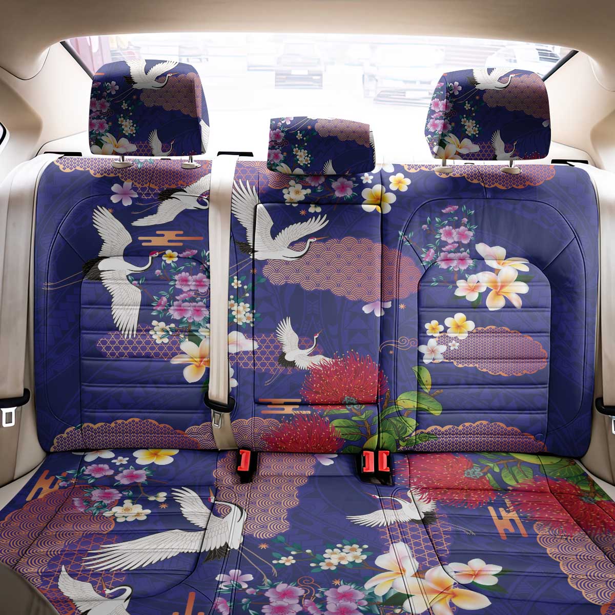 Hawaiian and Japanese Culture Together Back Car Seat Cover Blue Ohia Lehua Plumeria and Sakura Blooming LT03 - Polynesian Pride