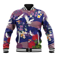 Hawaiian and Japanese Culture Together Baseball Jacket Blue Ohia Lehua Plumeria and Sakura Blooming LT03 Unisex Blue - Polynesian Pride