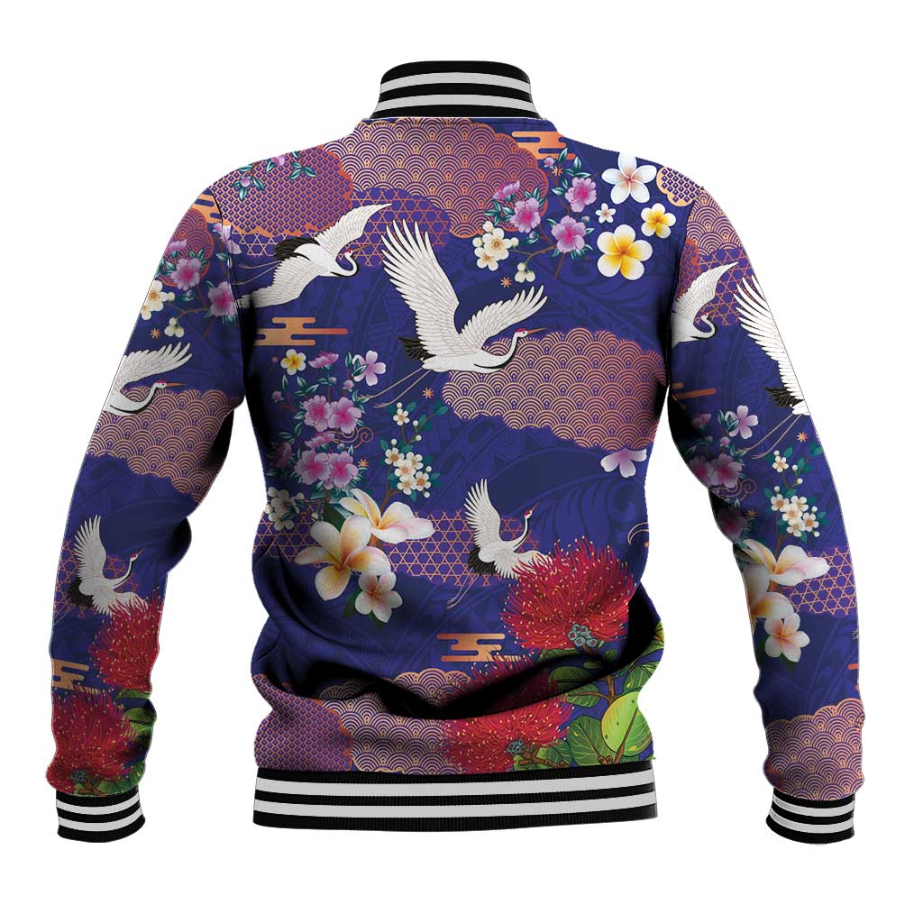 Hawaiian and Japanese Culture Together Baseball Jacket Blue Ohia Lehua Plumeria and Sakura Blooming LT03 - Polynesian Pride