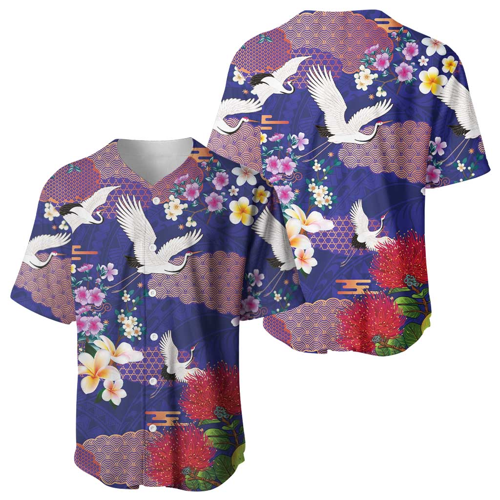 Hawaiian and Japanese Culture Together Baseball Jersey Blue Ohia Lehua Plumeria and Sakura Blooming LT03 - Polynesian Pride