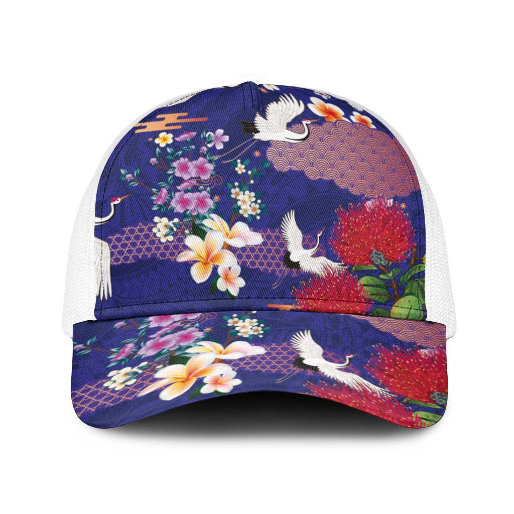 Hawaiian and Japanese Culture Together Baseball Net Cap Blue Ohia Lehua Plumeria and Sakura Blooming LT03 One Size White Blue - Polynesian Pride