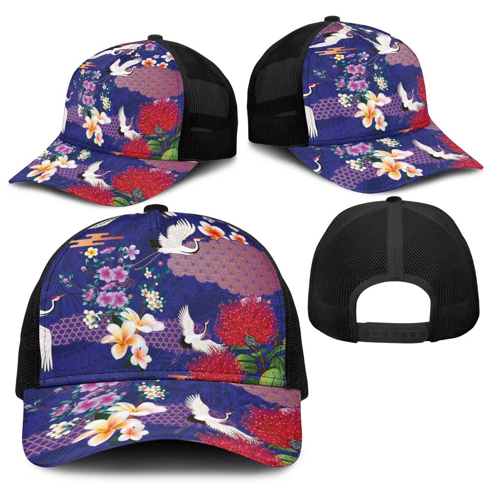 Hawaiian and Japanese Culture Together Baseball Net Cap Blue Ohia Lehua Plumeria and Sakura Blooming LT03 - Polynesian Pride